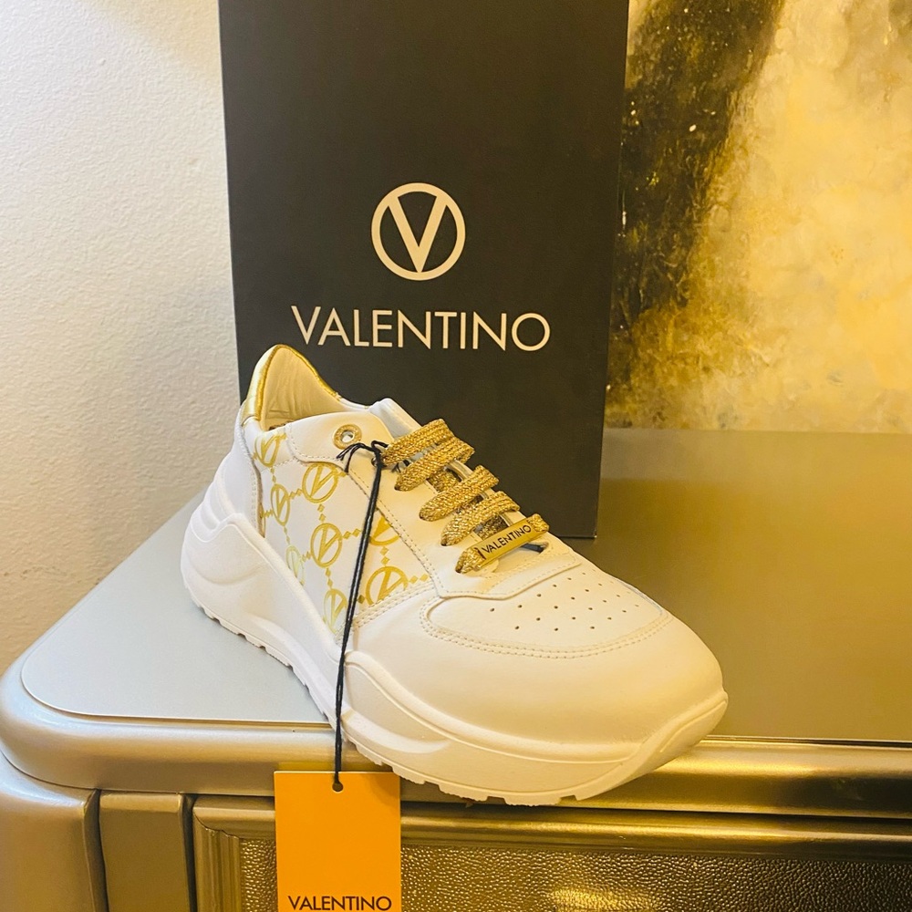Valentino White and Gold Logo Sneakers